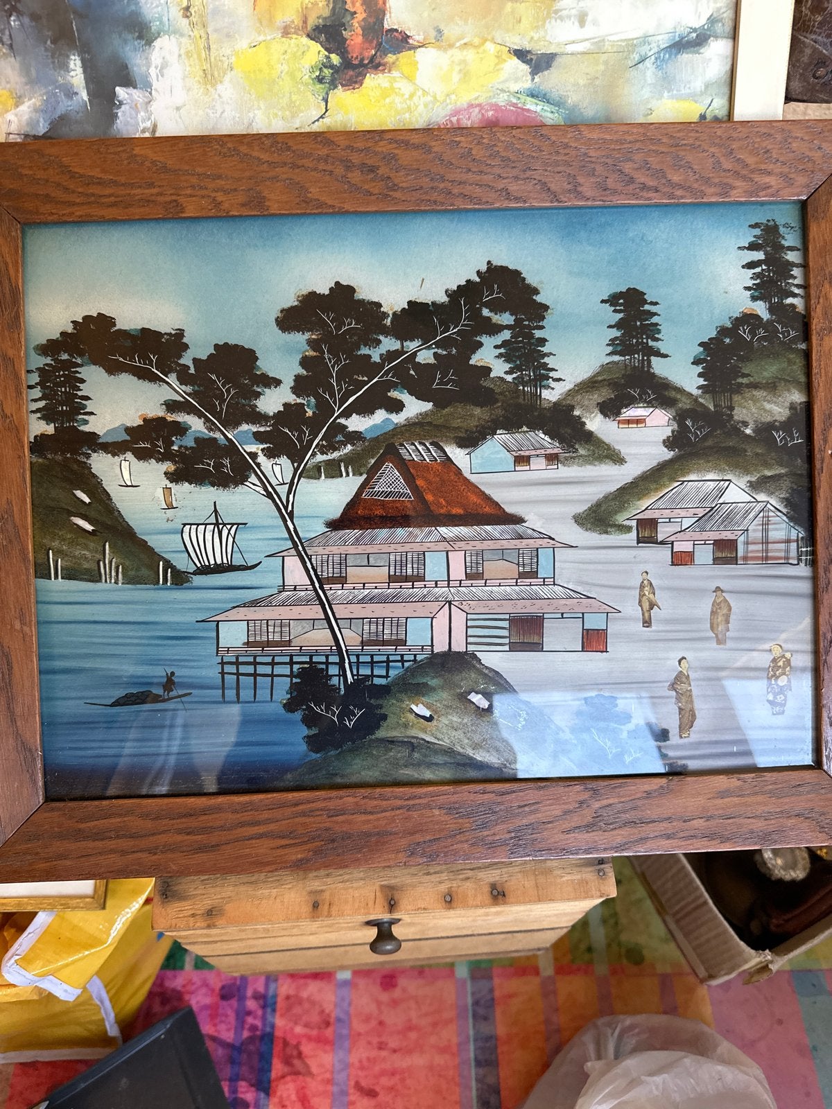 Vintage Japans schilderij op glas, ingelijst, Antiek en Kunst, Landschap, Vintage, Ophalen, Achter glas