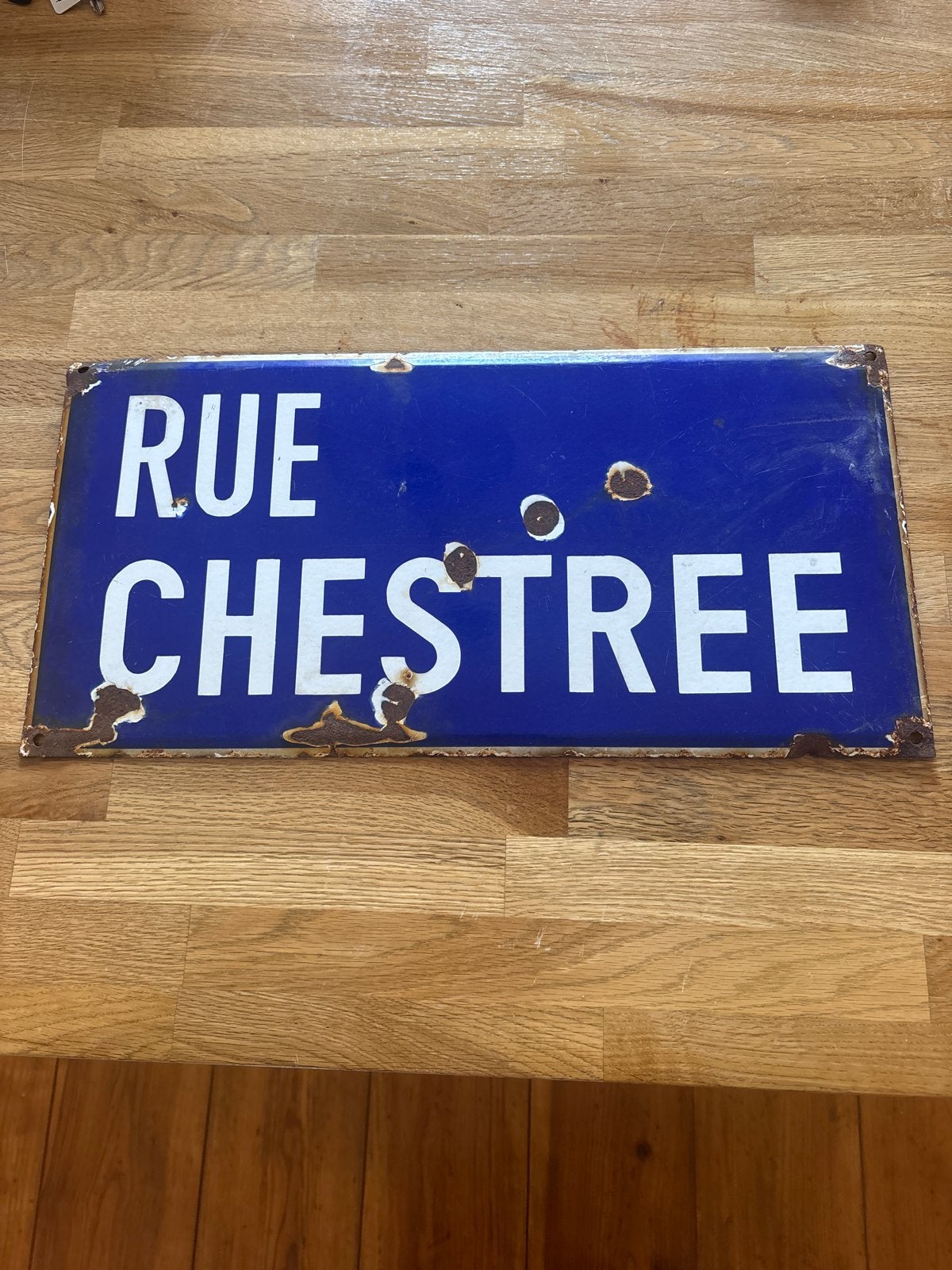 Vintage Frans geëmailleerd straatnaambord "RUE CHESTREE", Ophalen of Verzenden