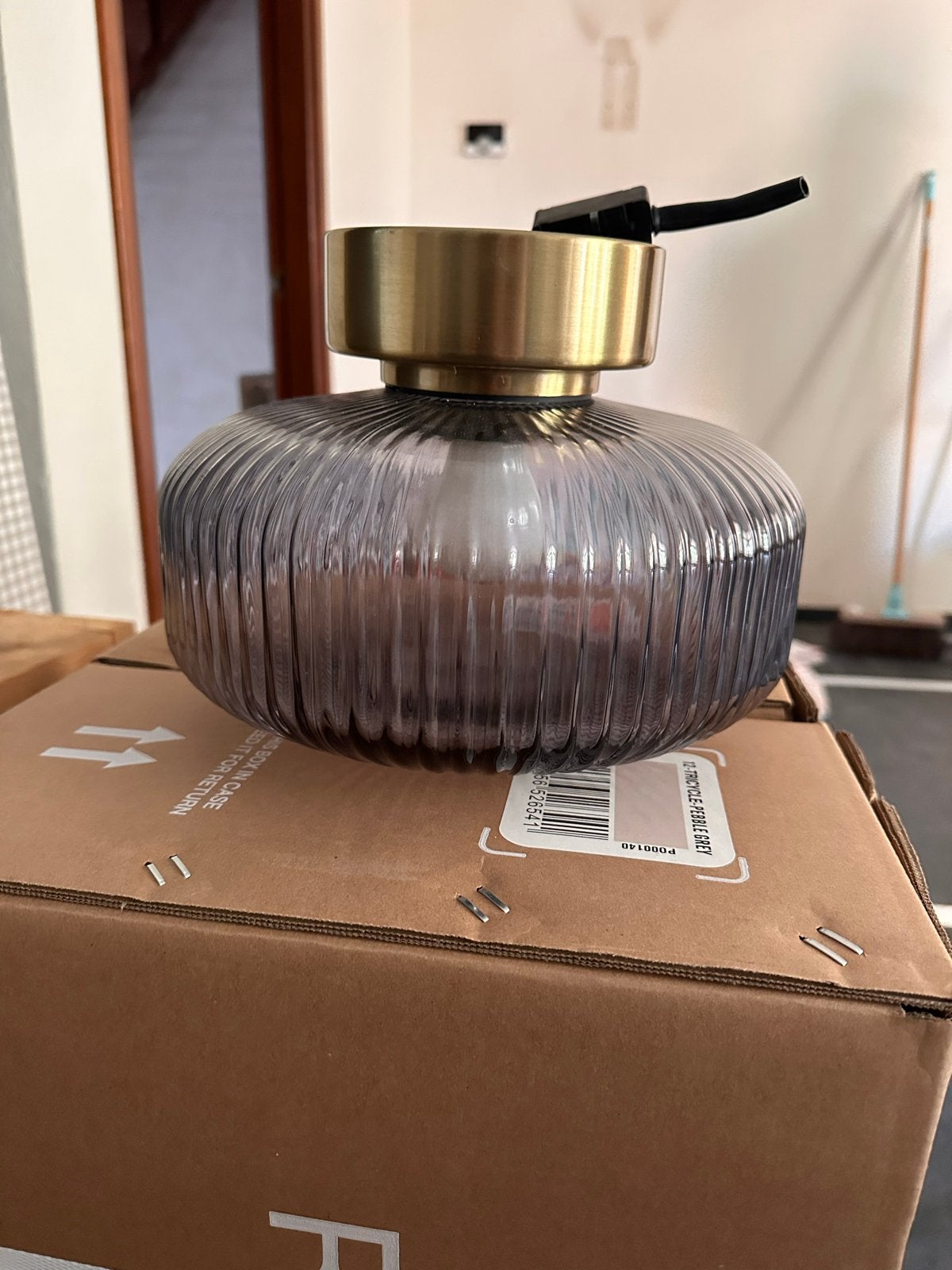 IKEA SOLKLINT Plafondlamp, messing/grijs helder glas, Ophalen, Gebruikt, Modern, Glas