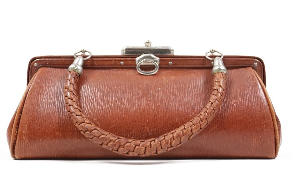 Klein art deco avondtasje bruin geribbeld leer - 1920, Ophalen, Gebruikt, Bruin, Avondtasje