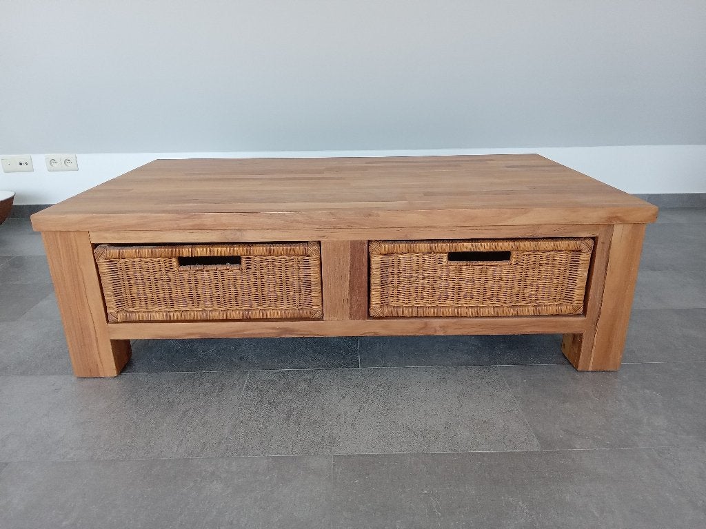 landelijke salontafel met rotan manden, Huis en Inrichting, Ophalen, 100 tot 150 cm, 50 tot 100 cm, Rechthoekig