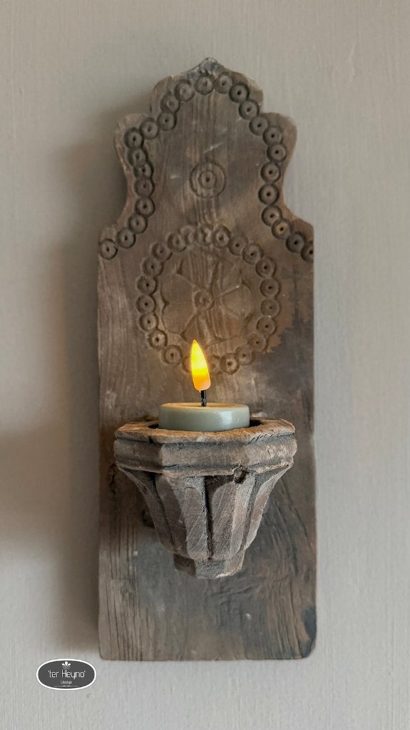 Oud houten wand kandelaar hang waxine stoer sober landelijk, Verzenden, 34 cm, Nieuw, Kandelaar