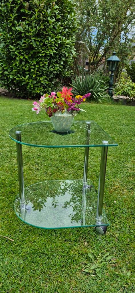 Glazen salontafel met metalen poten, Ophalen, Ovaal, 100 tot 150 cm, 50 tot 100 cm
