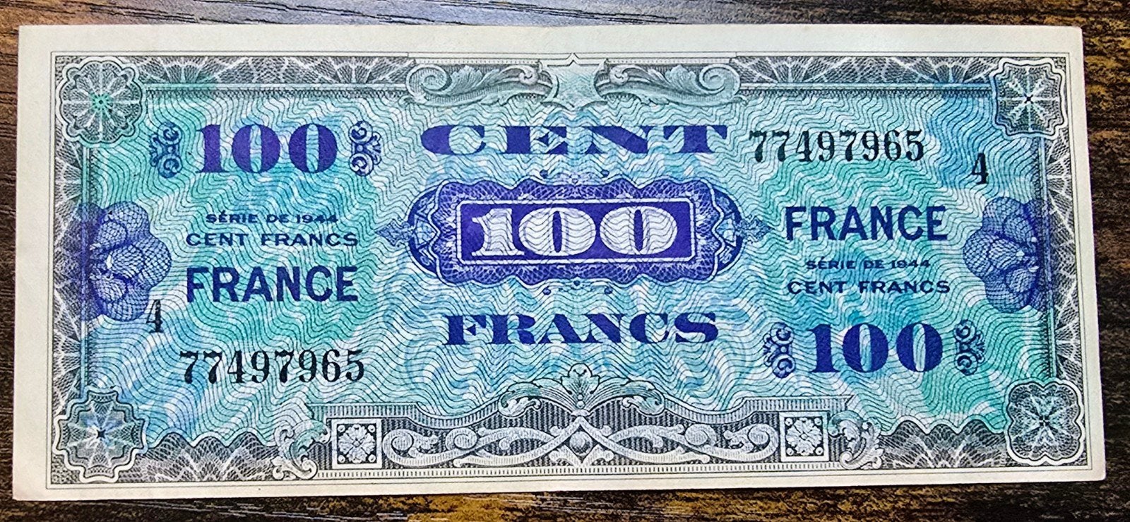 100 Cent Francs Frankrijk 1944 - Zeldzaam bankbiljet, Ophalen of Verzenden