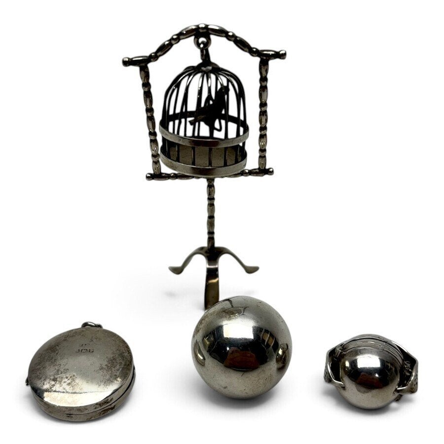 Lot zilver (4x), waaronder een moiniatuur vogelkooi, Antiek en Kunst, Ophalen of Verzenden