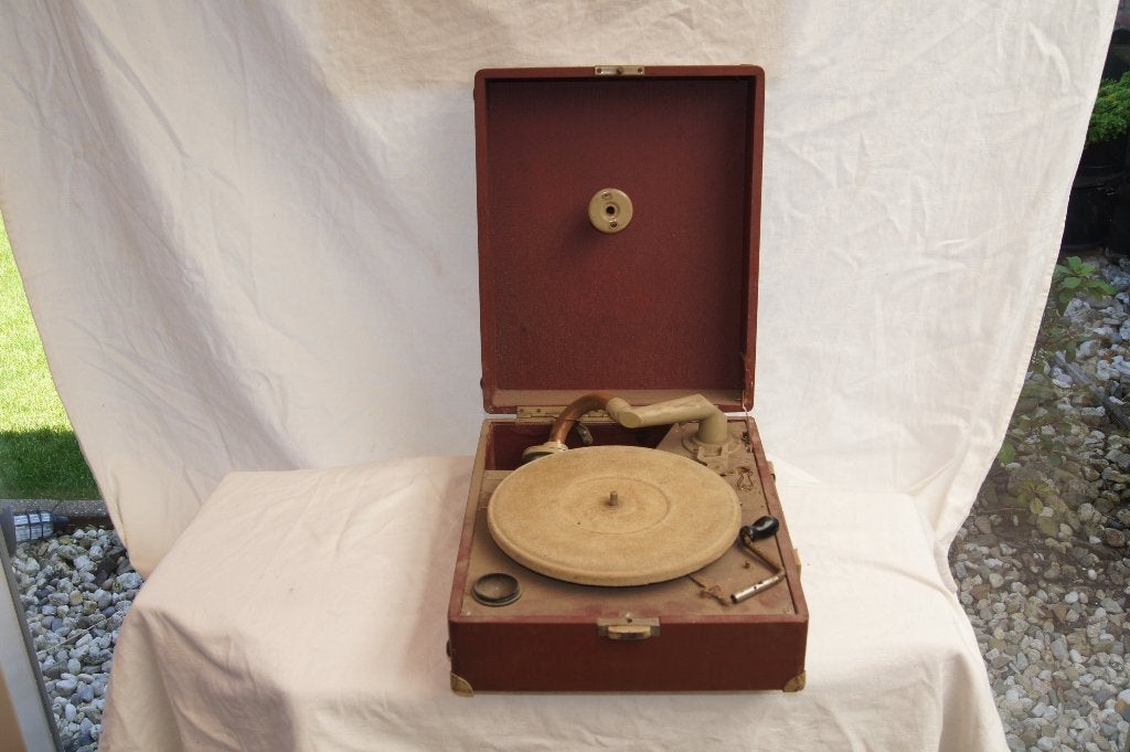 Draagbare grammofoon platen speler ( Antiek, Ophalen of Verzenden