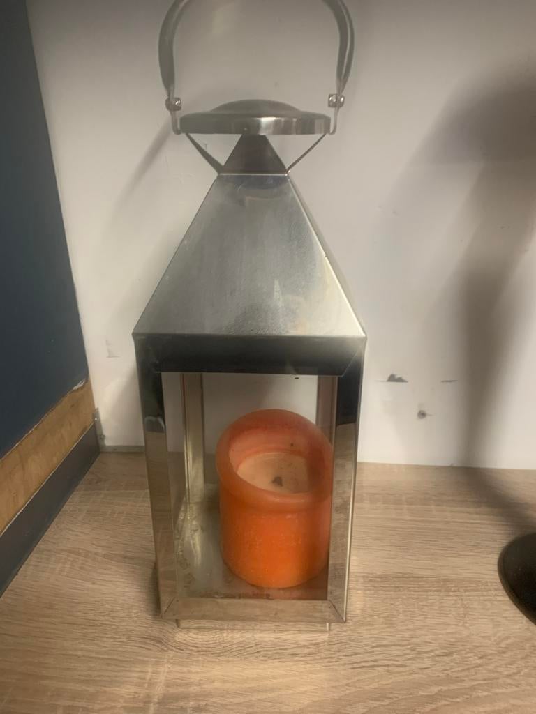 Windlicht met kaars en handvat, Gebruikt, 25 tot 50 cm, Ophalen of Verzenden, Metaal