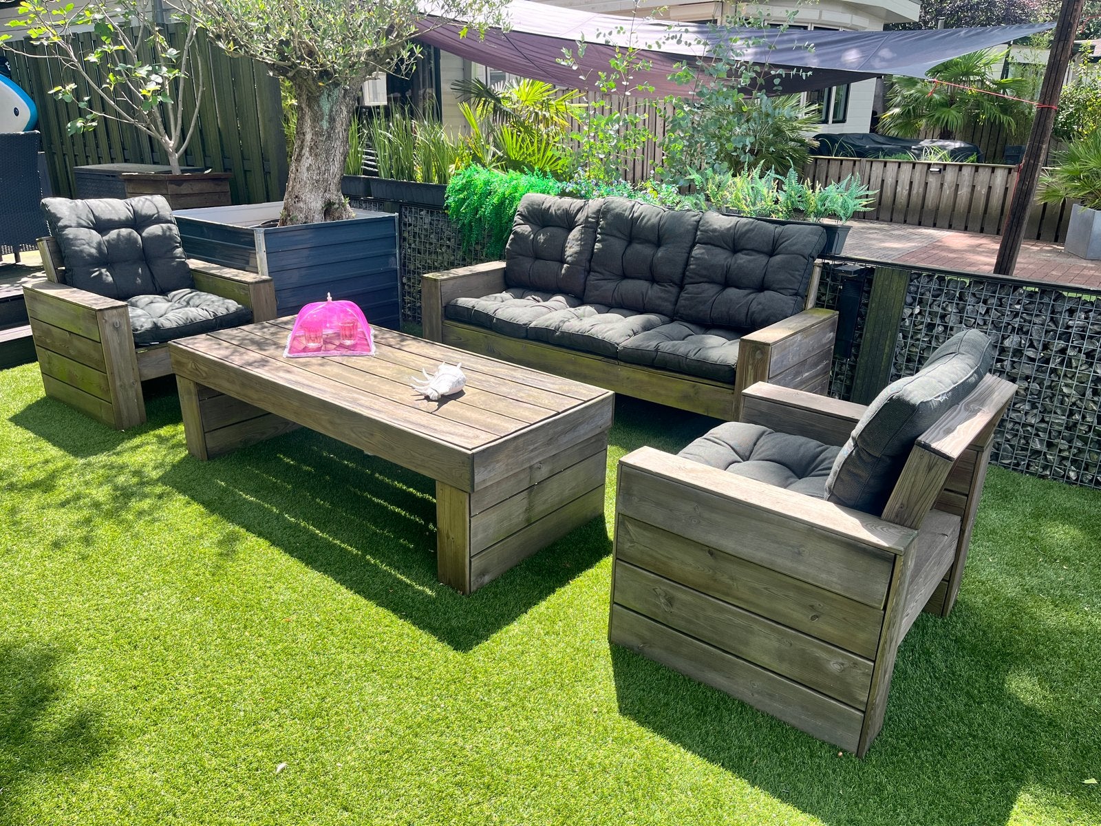 Steigerhouten Loungeset met Kussens - Gebruikt, Ophalen, 5 zitplaatsen, Gebruikt, Loungeset