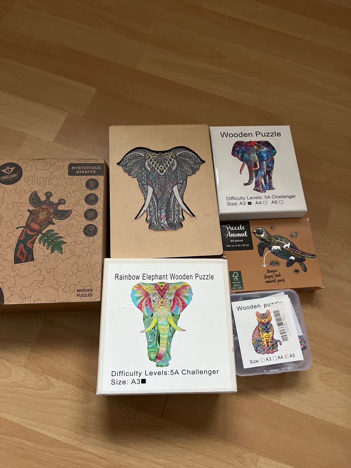Houten Dieren Puzzels - Olifant, Giraffe, Kat, Schildpad, Ophalen, Minder dan 500 stukjes, Zo goed als nieuw, Legpuzzel