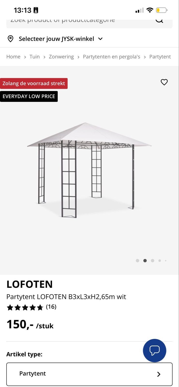 Partytent LOFOTEN B3xL3xH2,65m wit van JYSK, Partytent, Minder dan 4 meter, Nieuw, 2 meter of meer