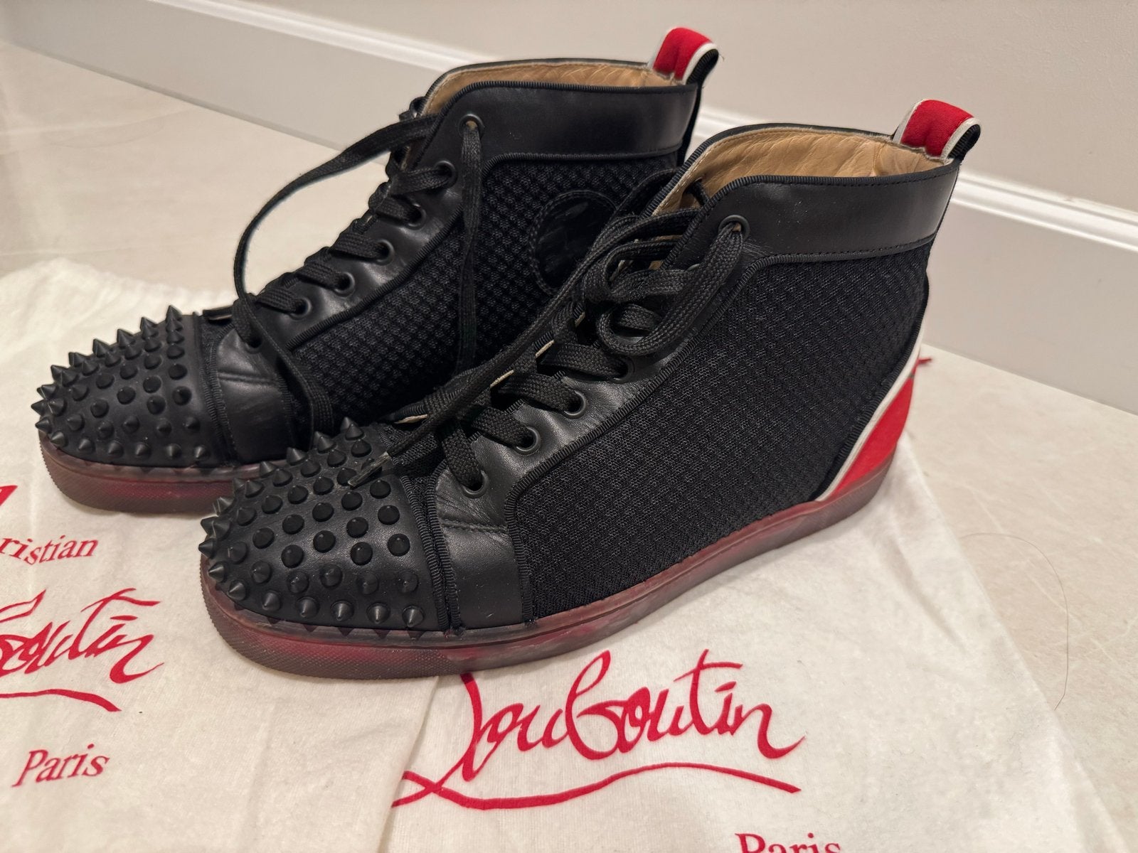 Christian Louboutin Louis Flat Calf Spikes High 'Black Red', Ophalen of Verzenden, Zo goed als nieuw, Zwart, Sneakers of Gympen