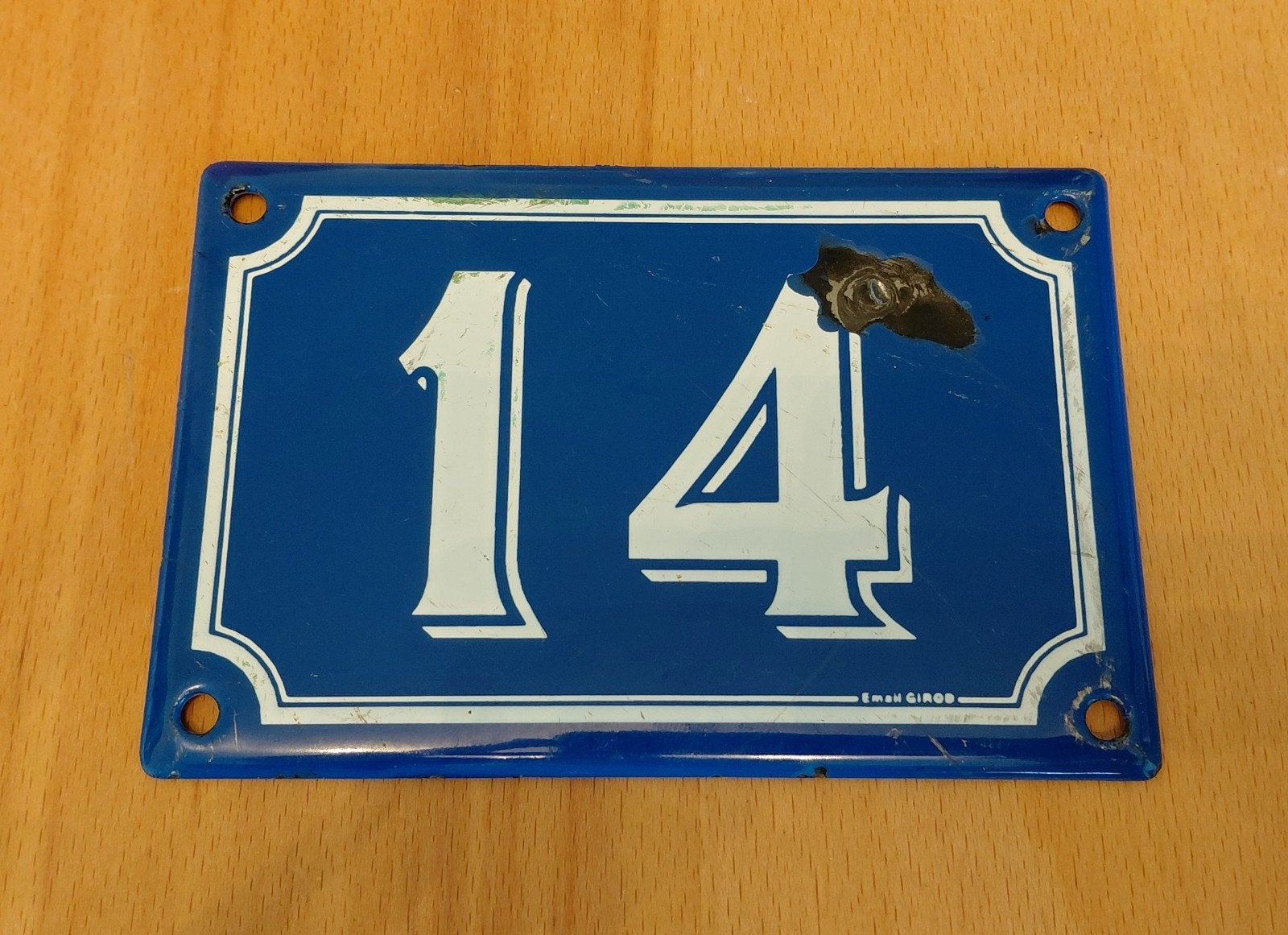 Vintage geëmailleerd huisnummer 14 - Blauw wit, Ophalen of Verzenden