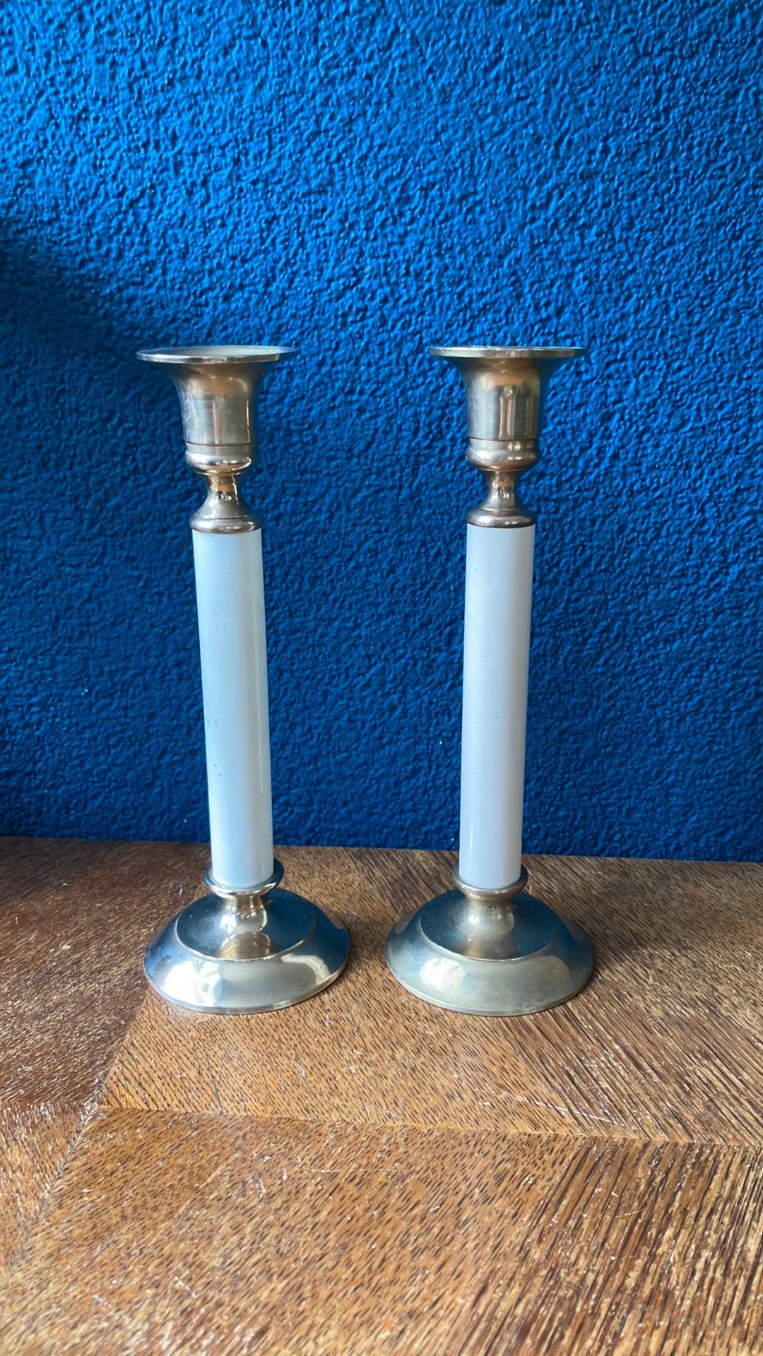 Vintage messing emaille kandelaars, Ophalen of Verzenden, Overige materialen