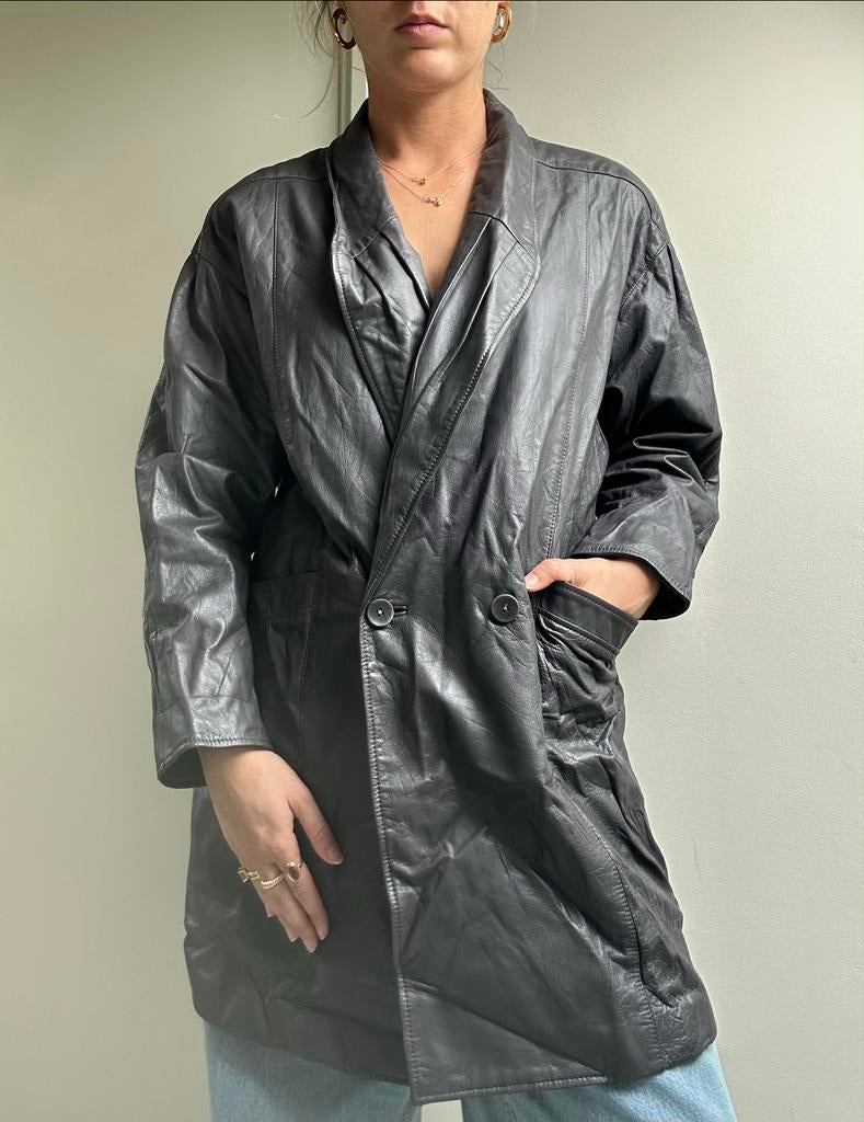 Vintage Leren Oversized Blazer - Grijsbruin - Episode, Ophalen of Verzenden, Zo goed als nieuw