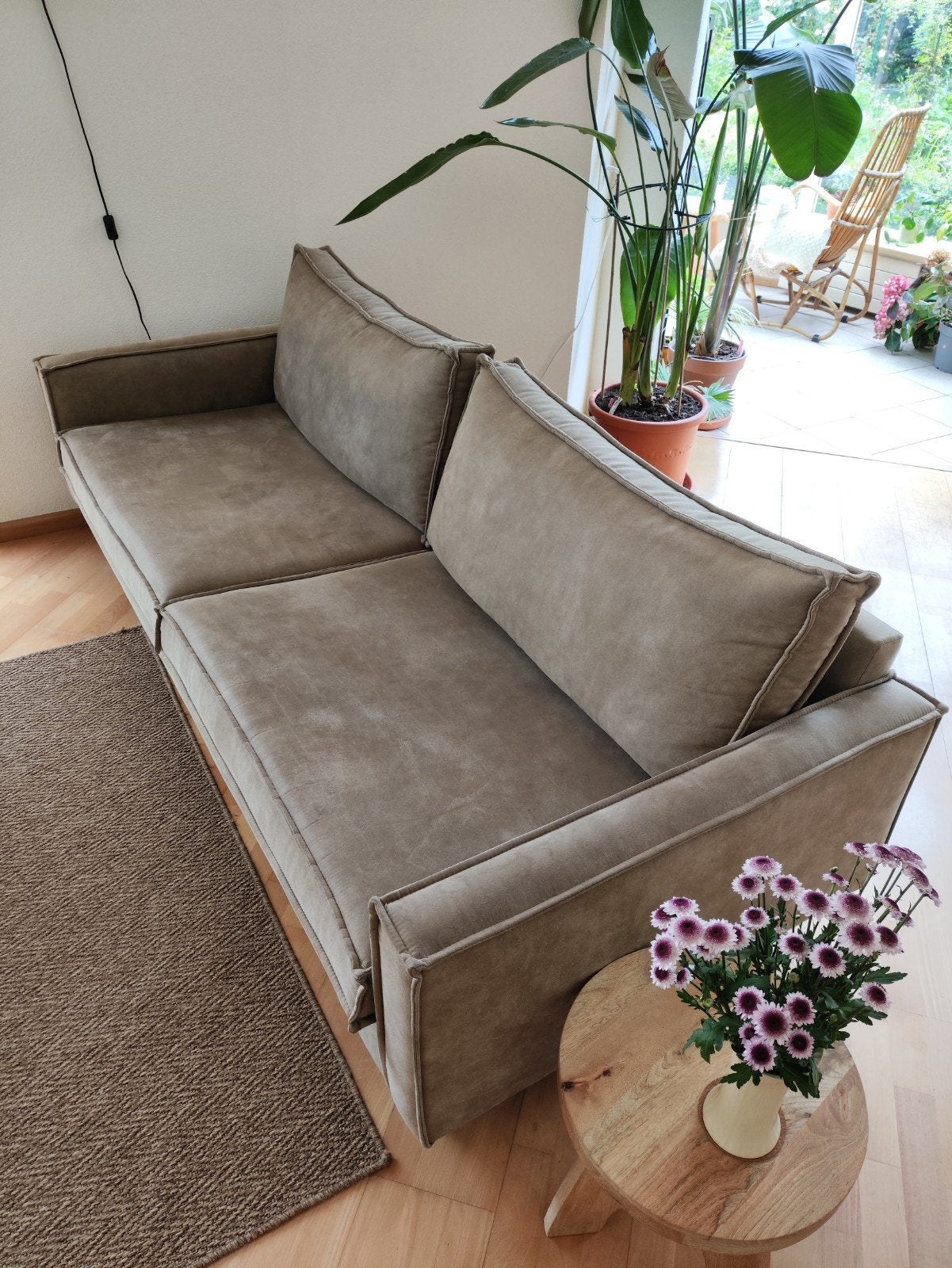 Comfortabele 3-zitsbank in taupe stof, Ophalen, Modern, Comfortabel, Gebruikt, Driepersoons
