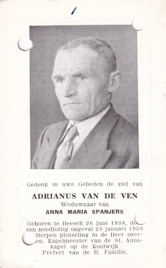 Ven Adrianus  1898 Heesch 1959 Herpen  ongeval, Ophalen of Verzenden, Bidprentje