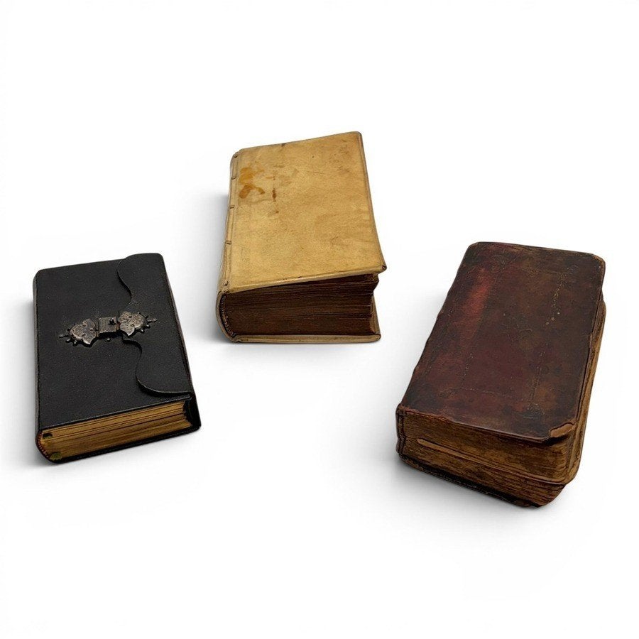 Twee antieke bijbels en 18e eeuws boek in perkamenten band, Antiek en Kunst, Ophalen of Verzenden, Bijbel