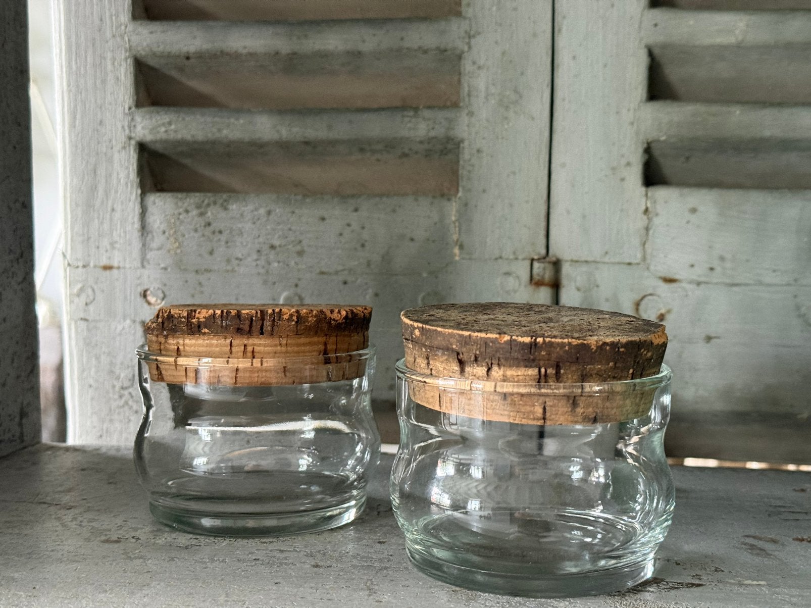 Glazen potjes met kurk, Huis en Inrichting, Voorraadpot, Ophalen of Verzenden, Gebruikt, Glas
