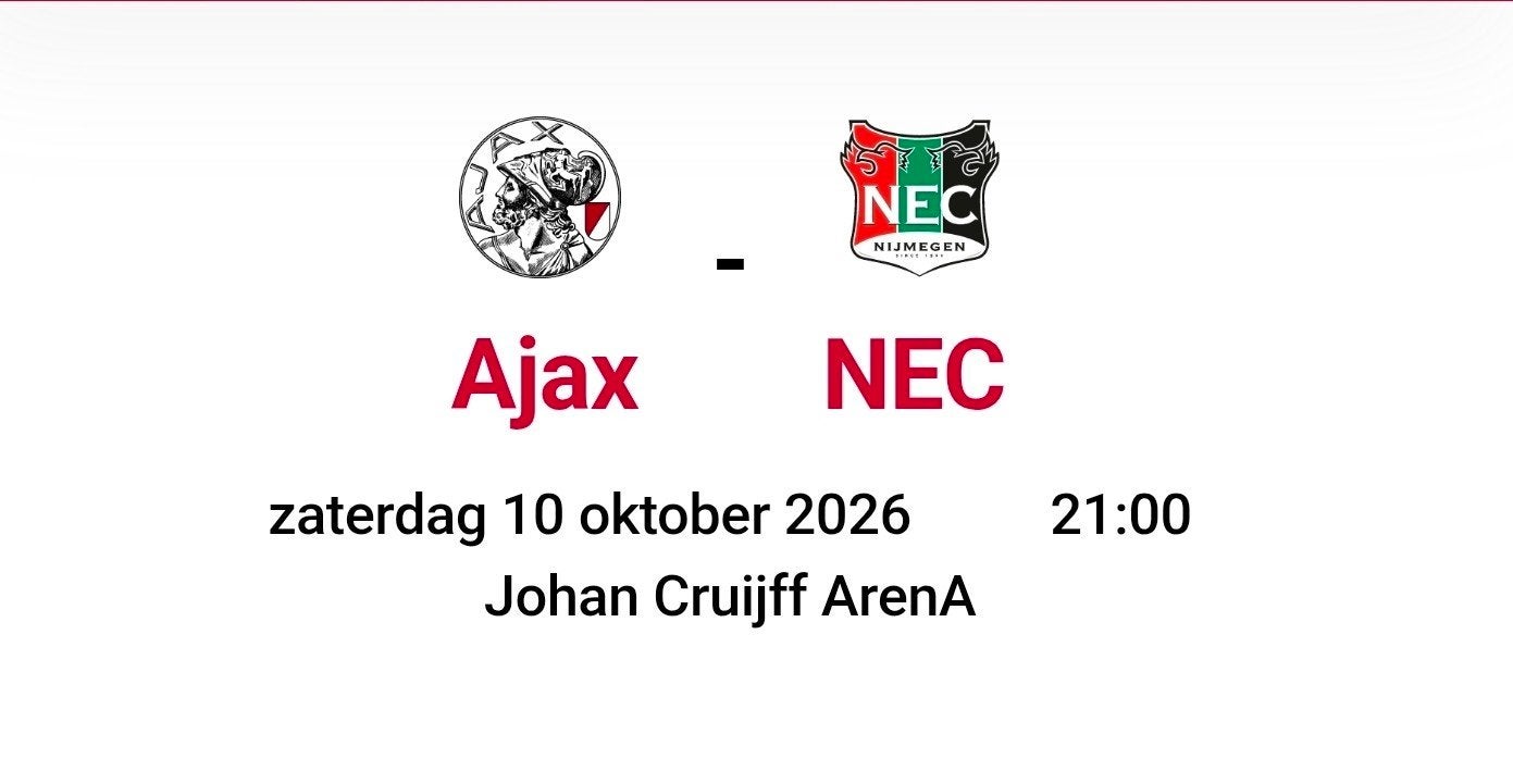 Gevraagd: 1x Ajax - NEC voor maximaal 35 euro, Tickets en Kaartjes, Overige typen, Eén persoon, Oktober