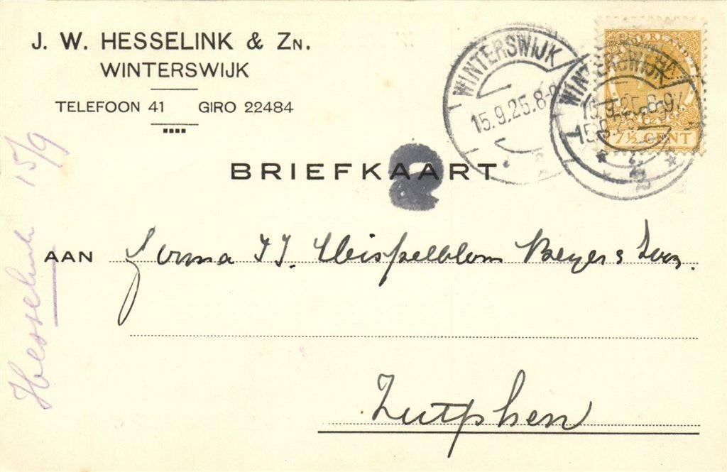 J.W. Hesselink + Zn., Winterswijk - 09.1925 - briefkaart, Ophalen of Verzenden, Briefkaart