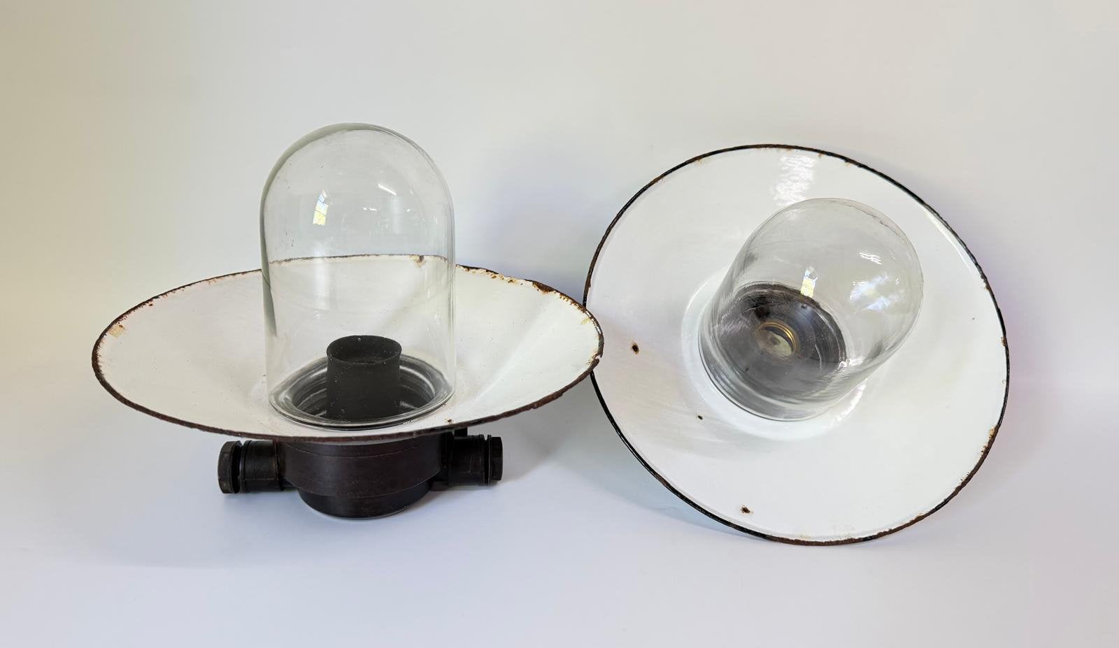 Vintage industriële stallamp + emaille kap helder schutglas, Ophalen of Verzenden