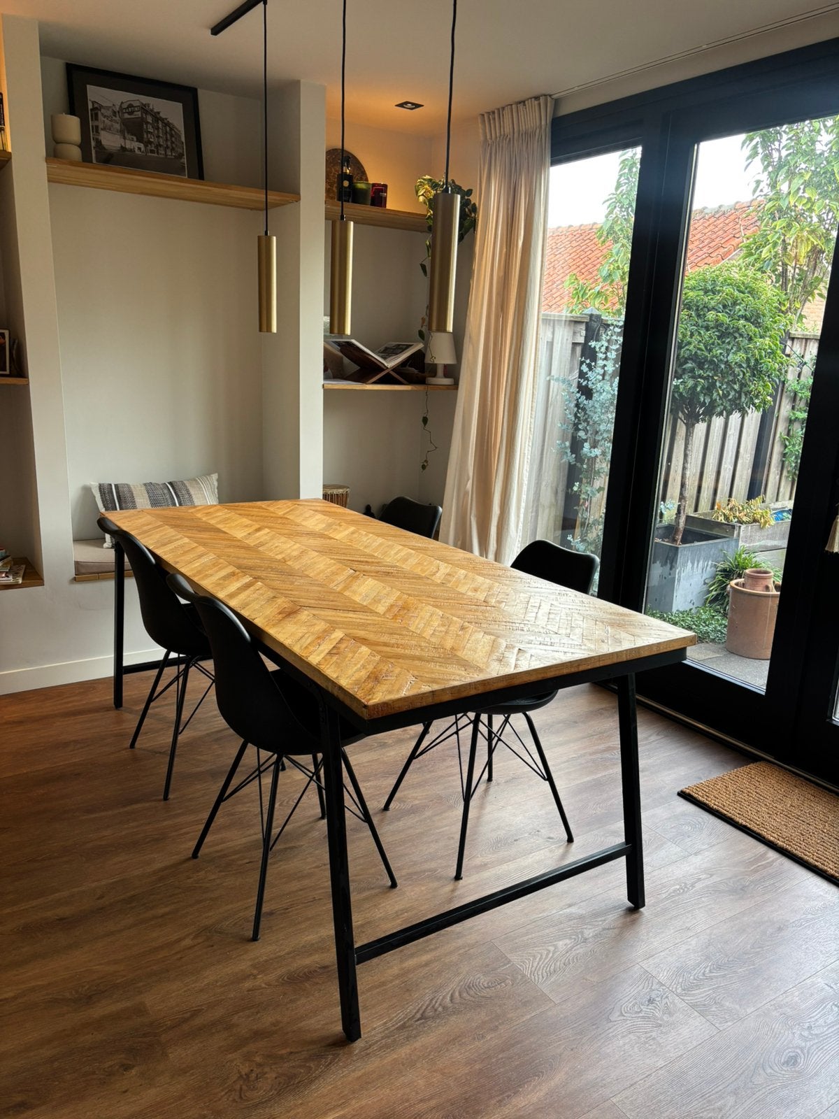 Visgraat eettafel teakhout 200 x 90, Ophalen, Teakhout, 50 tot 100 cm, Zo goed als nieuw