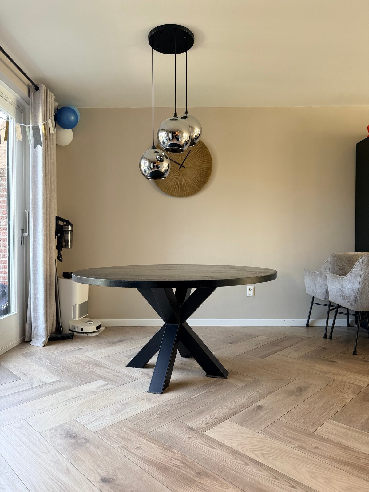 Massief eiken ronde eettafel 150cm met matrixpoot, Huis en Inrichting, Tafels | Eettafels, Ophalen, Gebruikt, 100 tot 150 cm, 150 tot 200 cm
