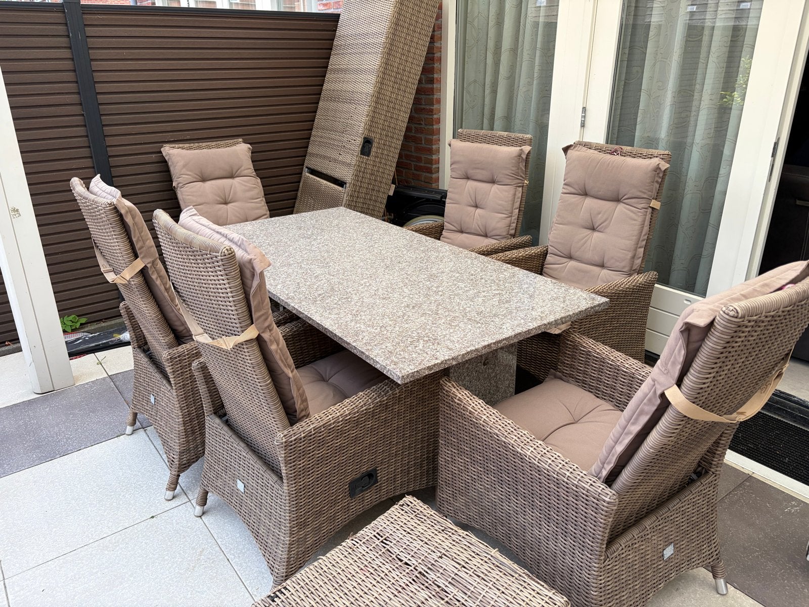 Mooie wicker tuinset met granieten tafel, 6 stoelen, bank, k, Ophalen, Gebruikt, Meer dan 8 zitplaatsen, Wicker