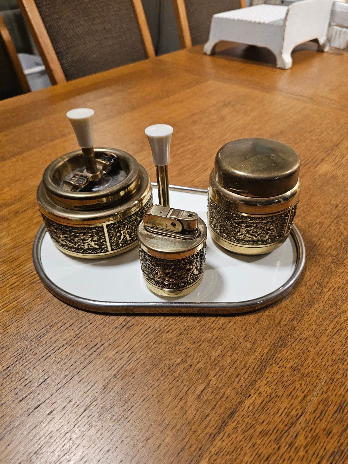 Vintage Messing Rookset met Aansteker, Asbak en Pot, Verzamelen, Ophalen of Verzenden, Gebruikt, Aansteker