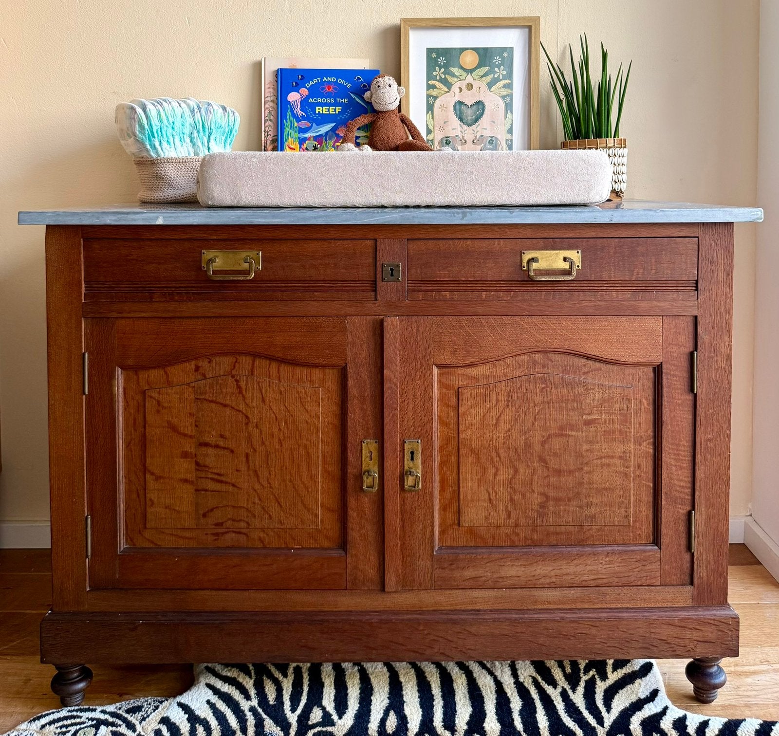Vintage commode met marmer blad, Ophalen, Gebruikt, 50 tot 70 cm, 100 cm of meer