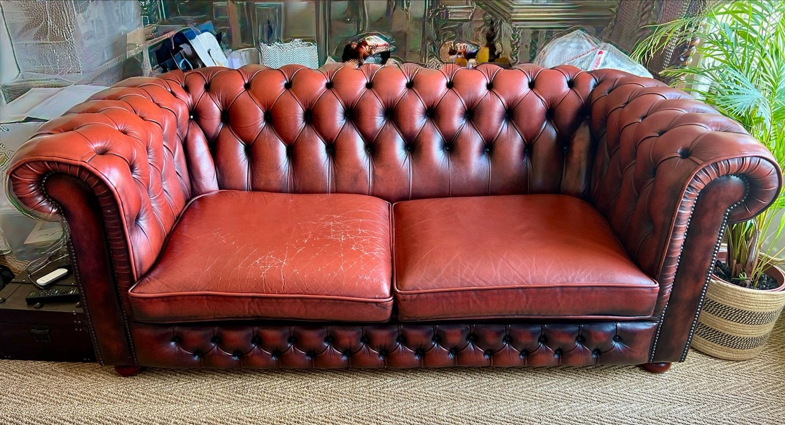 Chesterfield bank rood leer 2,5 zits, Huis en Inrichting, Banken | Bankstellen, Ophalen, Gebruikt, 150 tot 200 cm, Tweepersoons