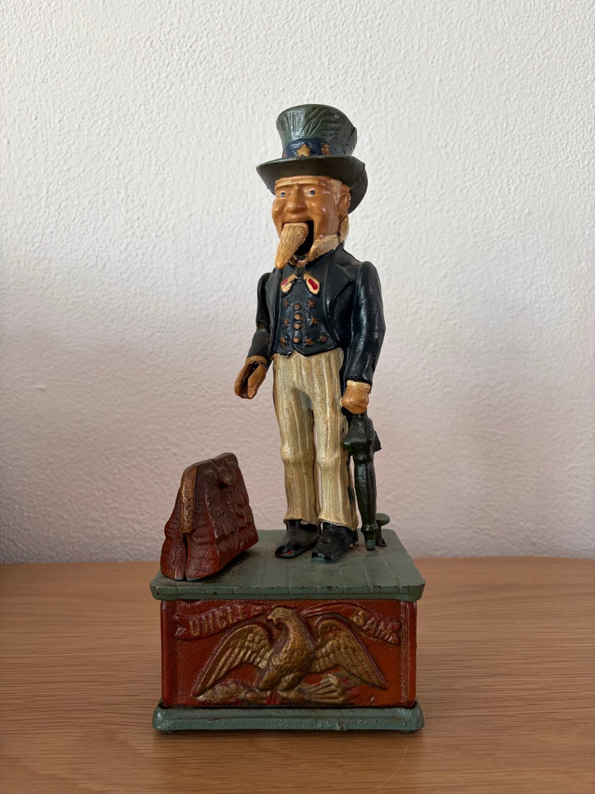 Antieke Uncle Sam spaarpot - gietijzeren mechanische bank, Verzamelen, Ophalen of Verzenden, Gebruikt
