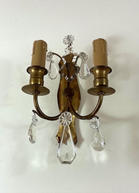 Set antieke koperen / messing wandlampjes met glazen pegels, Ophalen of Verzenden