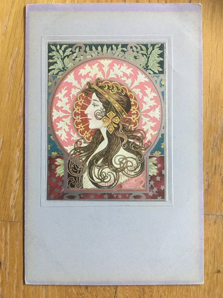 Mucha style litho 9x14cm, Verzamelen, Ophalen of Verzenden, Voor 1920, Overige thema's