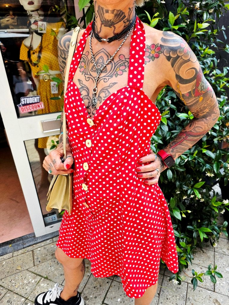 YV9536:True 1950s Handmade Polka Dot Halter Romper/Playsuit, Kleding | Dames, Jumpsuits, Gedragen, Maat 38/40 (M), Rood, Ophalen of Verzenden