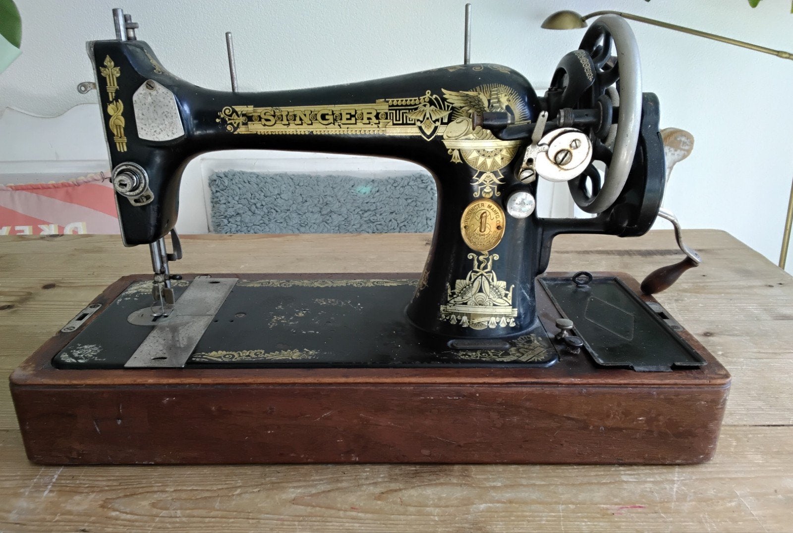 Antieke Singer Naaimachine met Houten Koffer, Ophalen, Gebruikt, Naaimachine, Singer