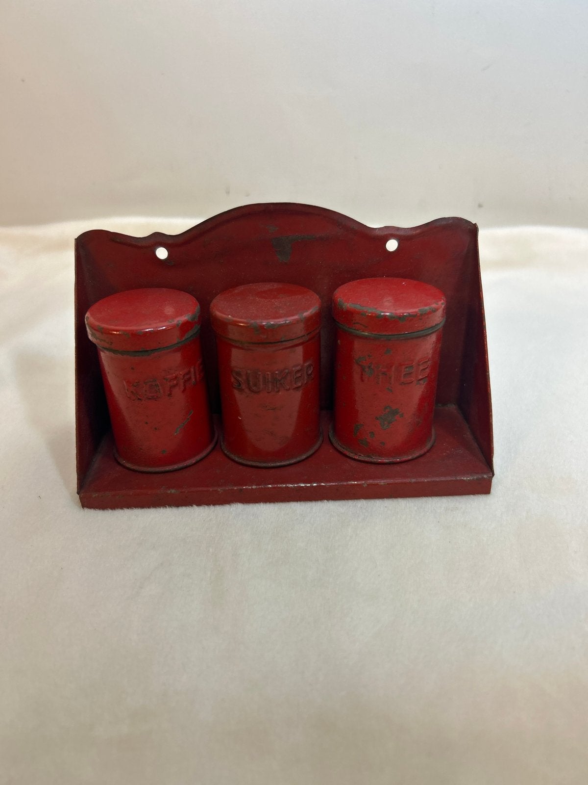 Vintage rood blikken theeserviesje en kruidenrekje, Antiek en Kunst, Antiek | Naaimachines, Ophalen of Verzenden