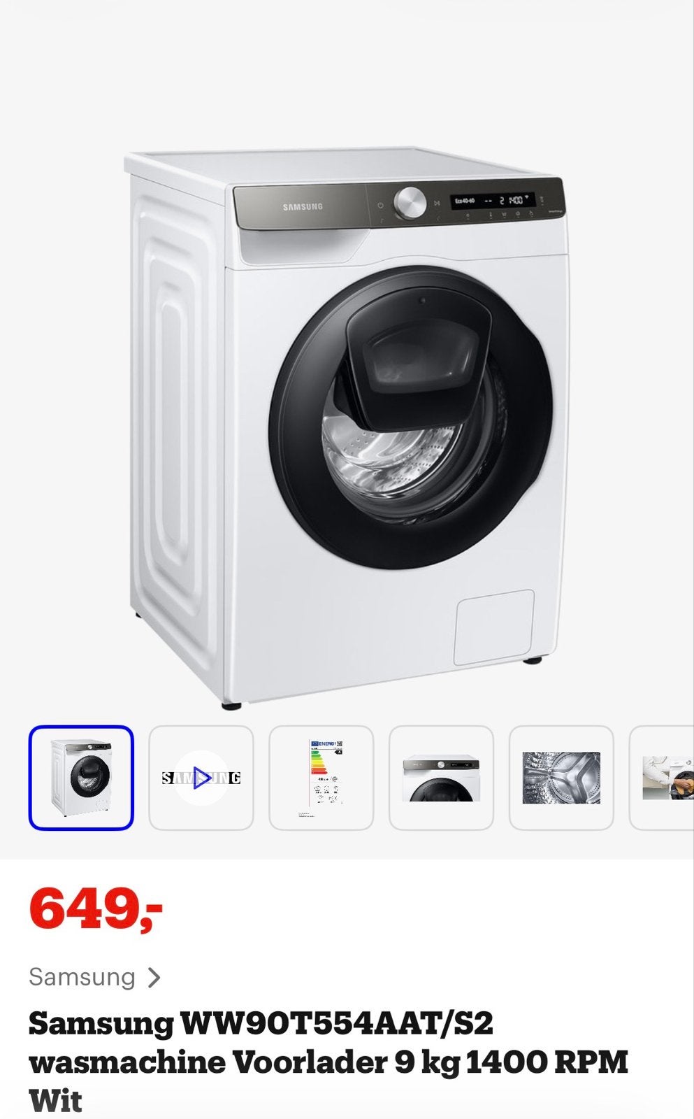 Samsung add wasmachine WW90T554AAT 9 kg Wit, Ophalen, 1200 tot 1600 toeren, 8 tot 10 kg, Nieuw
