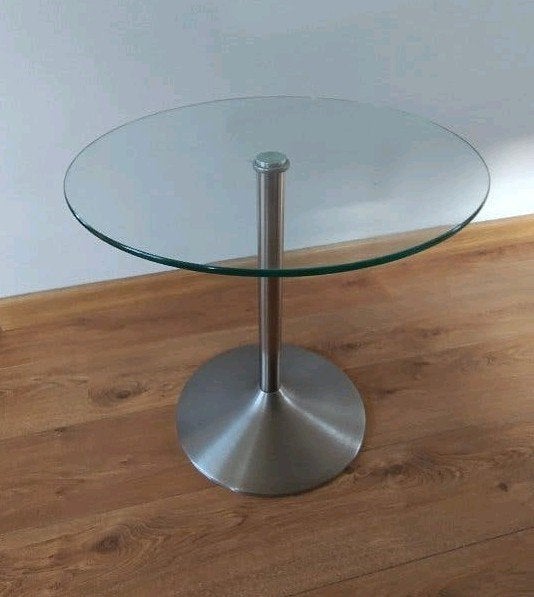 Ronde glazen bijzettafel met RVS voet hoogte 50cm, blad 50cm, Minder dan 55 cm, Gebruikt, Rond, Glas