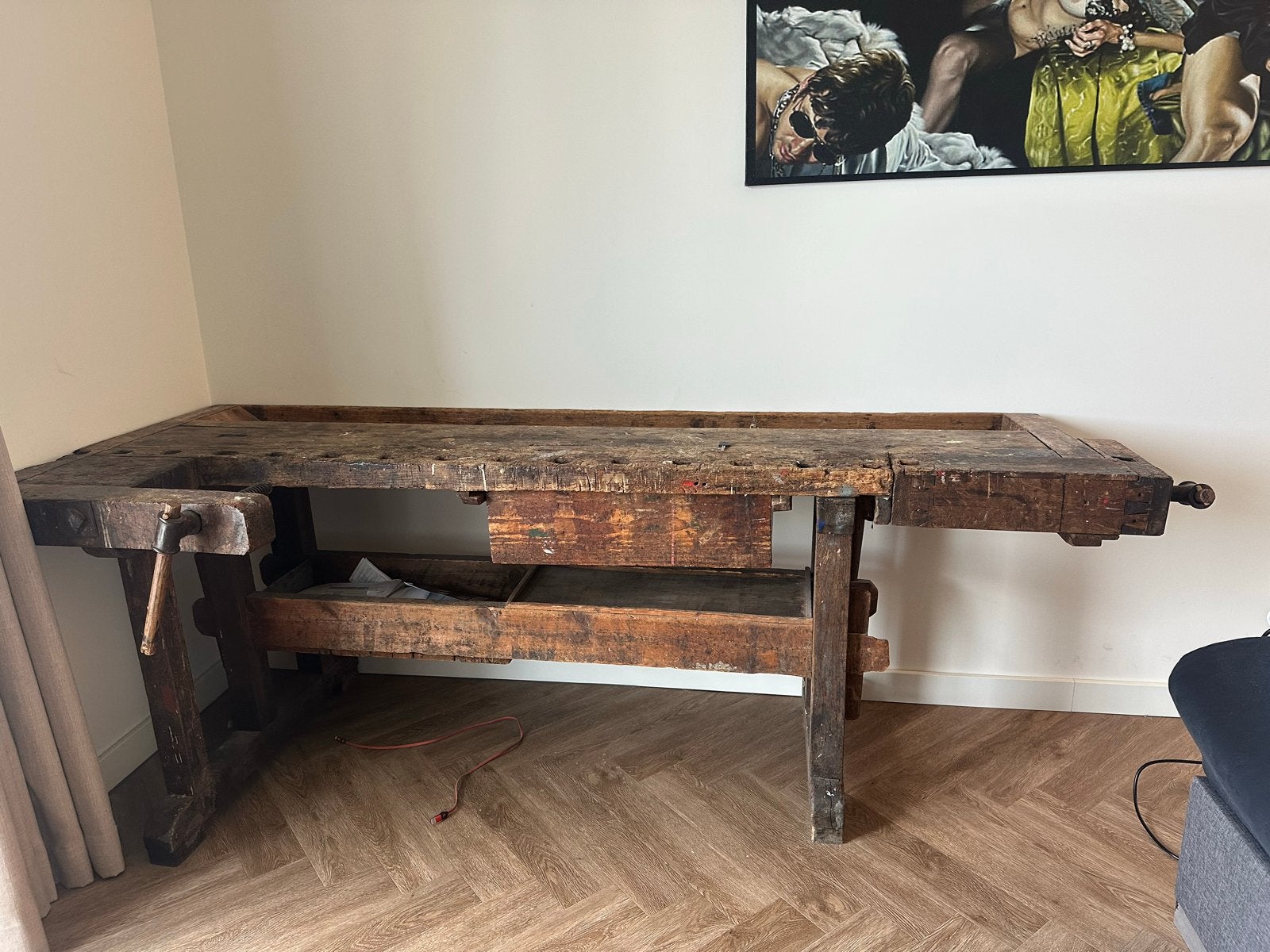 Antieke houten werkbank met bankschroef, Ophalen of Verzenden, Gebruikt, 170 cm of meer, Bankschroef