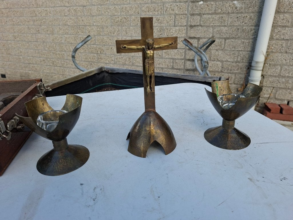 antiek  gepatineerd messing  altaar kruis  1920, Antiek en Kunst, Ophalen of Verzenden