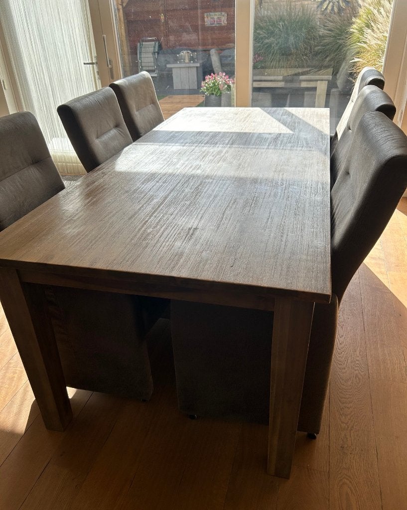 Eettafel met 6 stoelen - Houten tafel en stoffen stoelen, Ophalen, Gebruikt