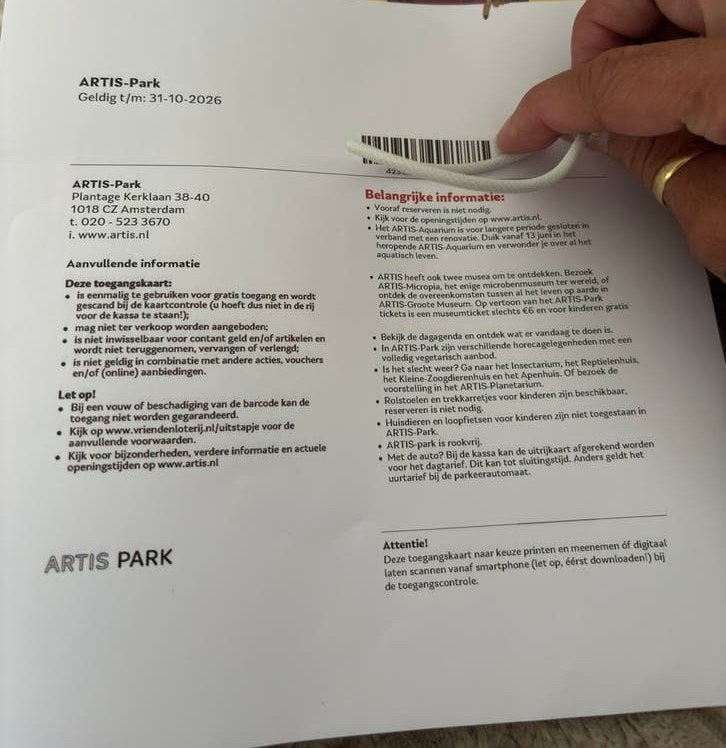 Artis dierenpark, Drie personen of meer, Ticket of Toegangskaart