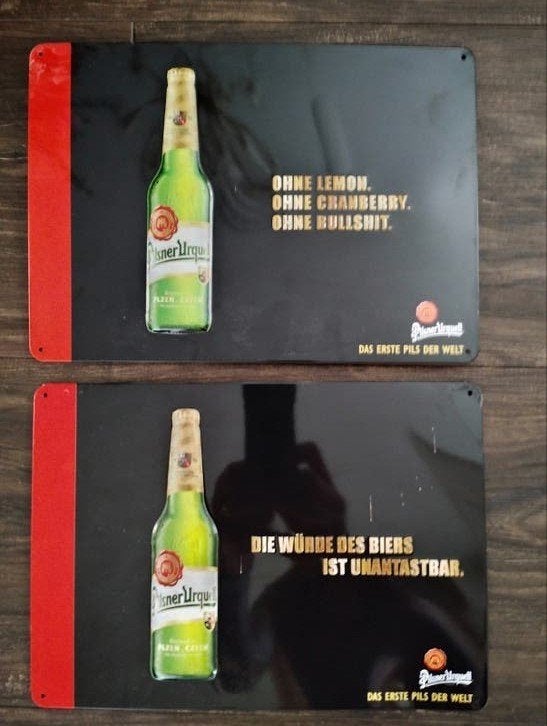 Pilsner Urquell Reclameborden (2 stuks), Ophalen of Verzenden, Gebruikt, Reclamebord