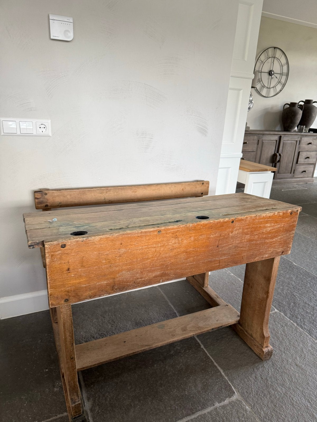 Vintage houten schoolbankje voor 2 kinderen, Ophalen