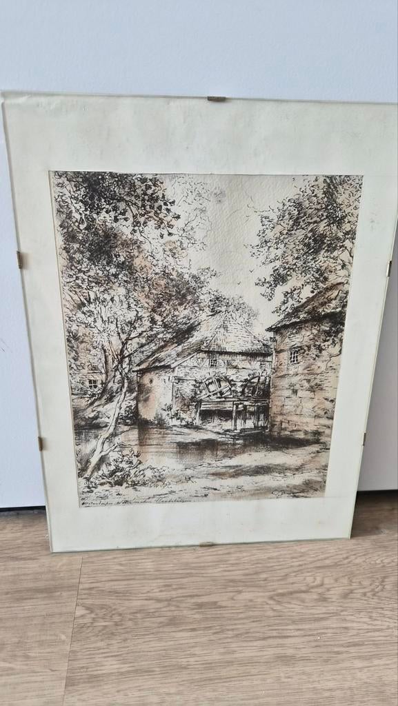 Oude watermolen ets - Gesigneerd, Ophalen, Ets, Gesigneerd, Landschap