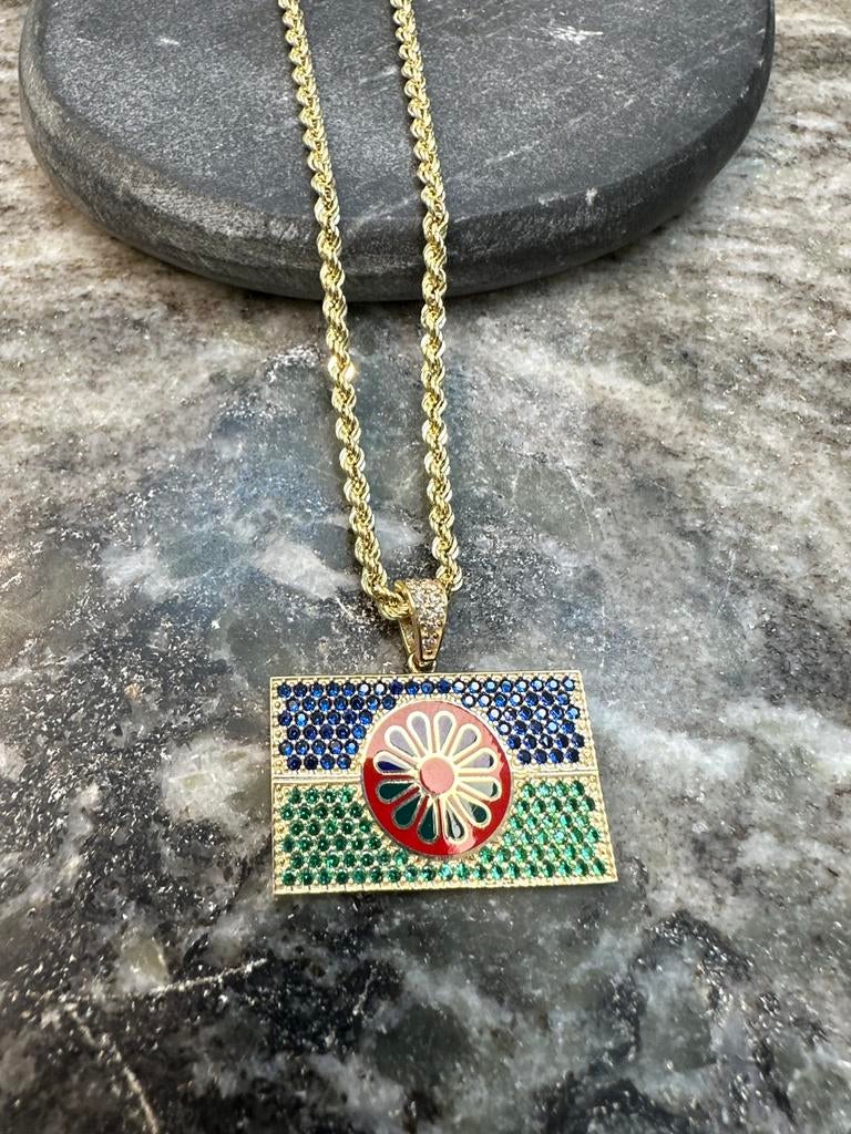 14k Gouden Rope Chain met Sinti en Roma Vlag Hanger, Sieraden, Tassen en Uiterlijk, Kettingen, Ophalen of Verzenden, Nieuw, Goud