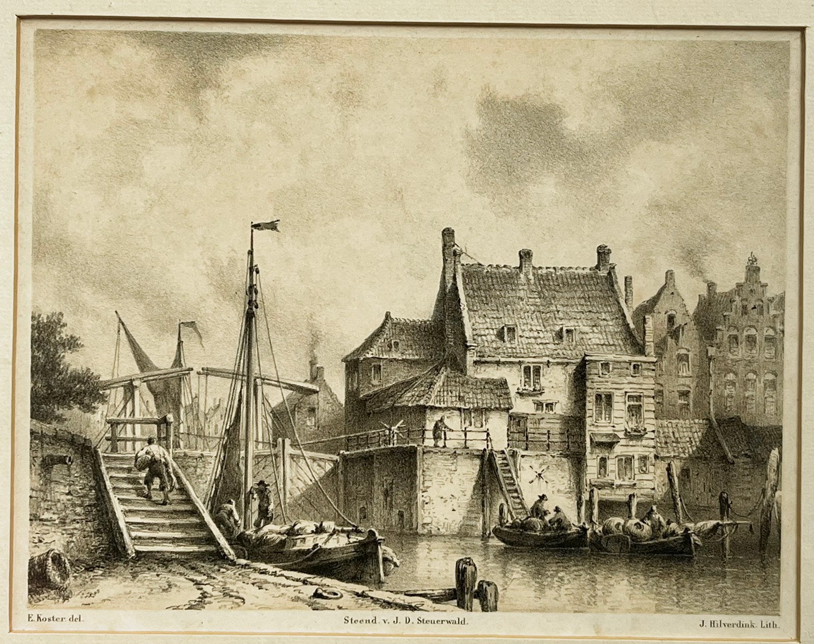 Litho Sluis Delfshaven J. Hilverdink E. Koster 1858, Ingelijst, 1800 - 1899, Stadsgezicht, Ophalen of Verzenden