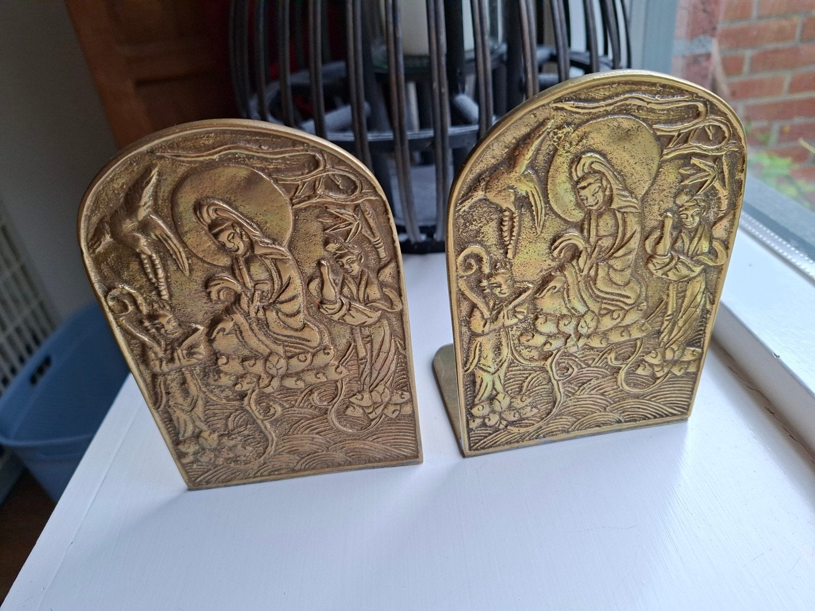 Vintage messing boekensteunen met Chinese motieven, Ophalen