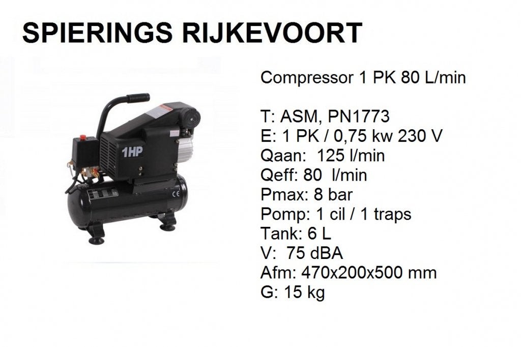 Compressor 1PK tot 20PK Spierings Rijkevoort, Niet ingevuld, Nieuw, Ophalen of Verzenden, 200 tot 400 liter/min